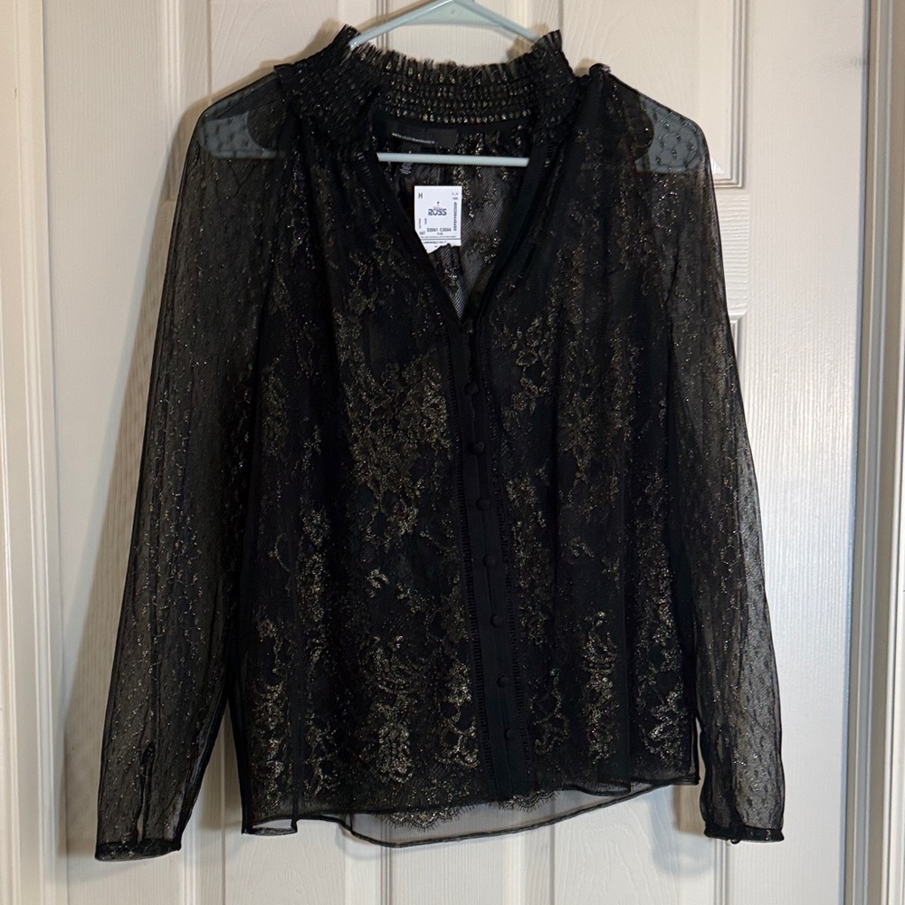 Sheer Black Blouse with Gold Lace underlay - White House Black Market. Sz 8. NWT